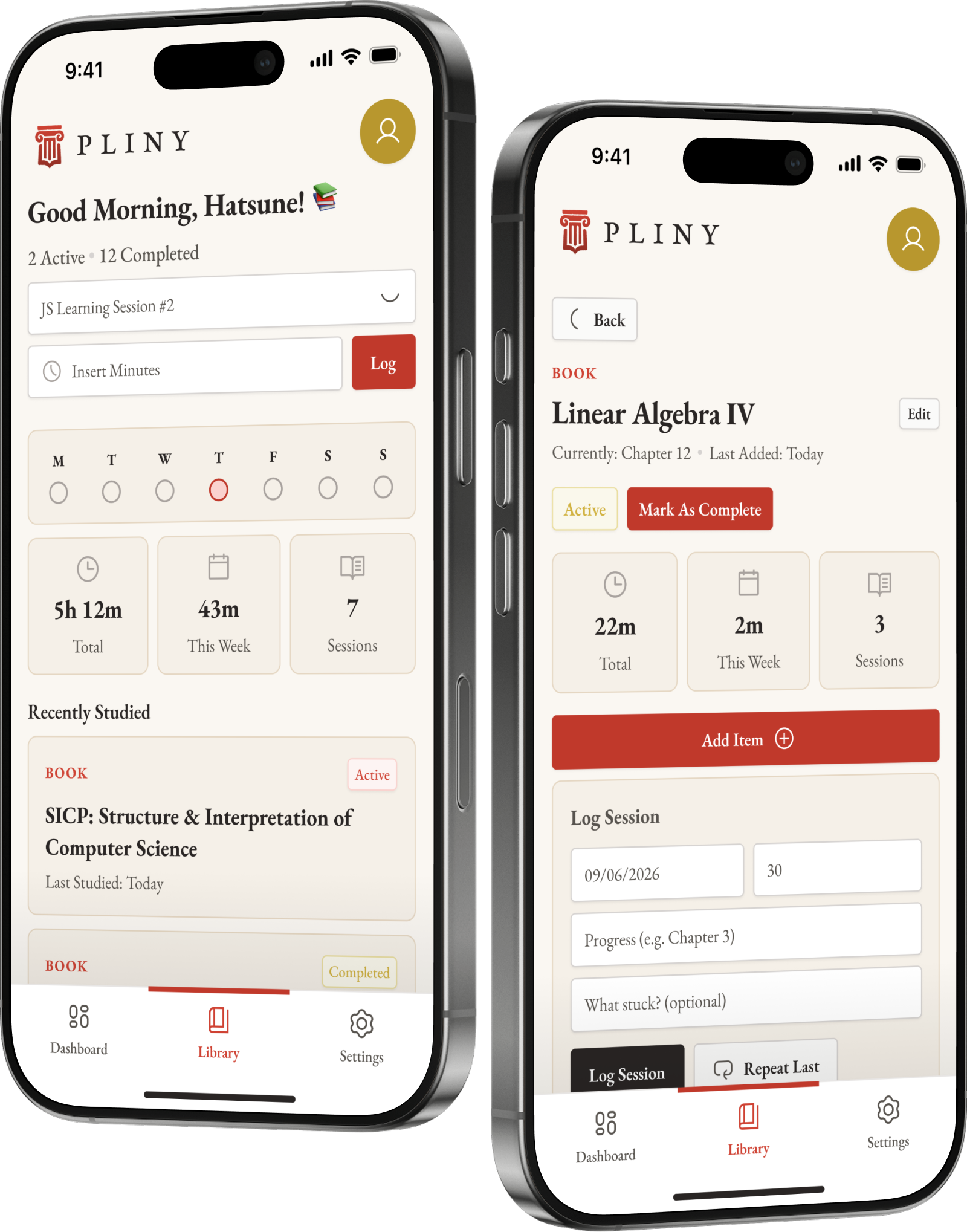 Pliny app dashboard and item detail preview
